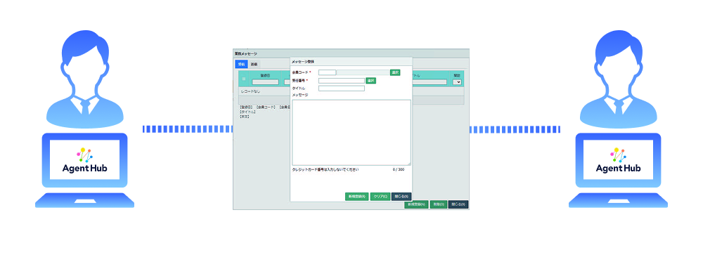 相手先と案件番号を入力してメッセージを送信。送受信履歴の検索や確認も可能。
